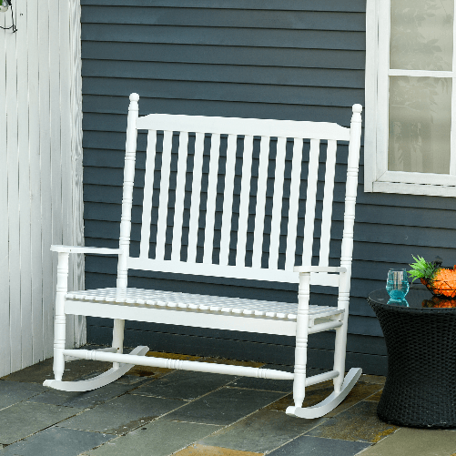 Outsunny-Sedia-a-Dondolo-2-Posti-in-Legno-con-Schienale-Alto-e-Braccioli-117x85x120-cm-Bianco