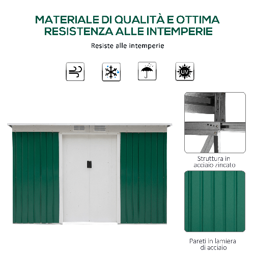 Outsunny-Casetta-da-Giardino-Porta-Utensili-in-Lamiera-di-Acciaio-con-Porte-Scorrevoli-280x130x172cm-Verde-Scuro