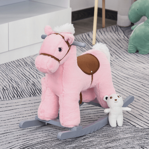 HOMCOM-Cavallo-a-Dondolo-in-Legno-e-Peluche-con-Suoni-e-Orsetto-Incluso-per-Bimbi-da-18-36-Mesi-65x26x55cm-Rosa