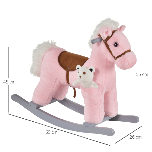 HOMCOM-Cavallo-a-Dondolo-in-Legno-e-Peluche-con-Suoni-e-Orsetto-Incluso-per-Bimbi-da-18-36-Mesi-65x26x55cm-Rosa