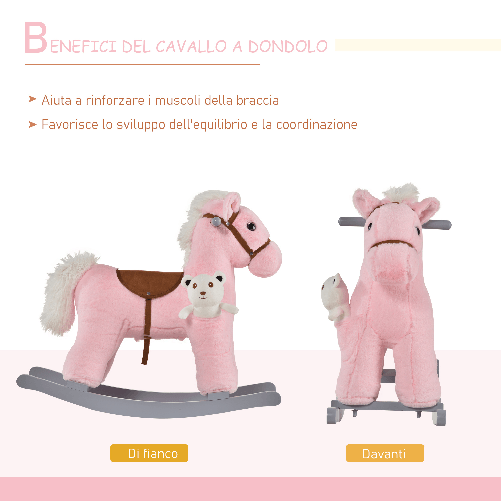 HOMCOM-Cavallo-a-Dondolo-in-Legno-e-Peluche-con-Suoni-e-Orsetto-Incluso-per-Bimbi-da-18-36-Mesi-65x26x55cm-Rosa