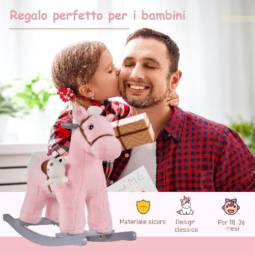 HOMCOM-Cavallo-a-Dondolo-in-Legno-e-Peluche-con-Suoni-e-Orsetto-Incluso-per-Bimbi-da-18-36-Mesi-65x26x55cm-Rosa