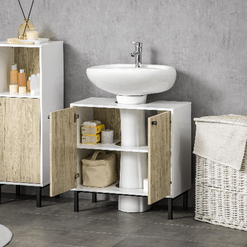 kleankin-Mobile-Bagno-Sotto-Lavabo-a-2-Ante-con-Ripiano-Interno-in-Truciolato-e-Acciaio-60x30x60-cm-Bianco-e-Rovere