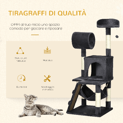 PawHut-Albero-per-Gatti-con-Tiragraffi-per-Gatti-Casetta-per-Gatti-Amaca-Letto-Tunnel-e-Pallina-48x48-x125-cm-Grigio-Scuro