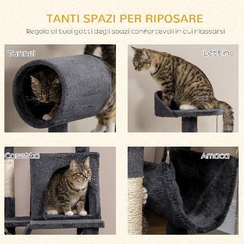 PawHut-Albero-per-Gatti-con-Tiragraffi-per-Gatti-Casetta-per-Gatti-Amaca-Letto-Tunnel-e-Pallina-48x48-x125-cm-Grigio-Scuro