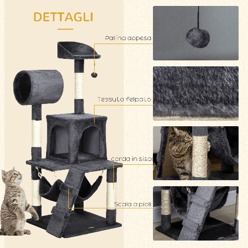 PawHut-Albero-per-Gatti-con-Tiragraffi-per-Gatti-Casetta-per-Gatti-Amaca-Letto-Tunnel-e-Pallina-48x48-x125-cm-Grigio-Scuro