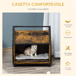 PawHut-Cuccia-per-Gatti-da-Interno-con-Cuscino-Lavabile-Casetta-per-Gatti-in-Legno-e-Acciaio-Stile-Industriale-con-4-Ruote---Marrone-Rustico