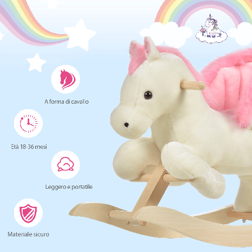 HOMCOM-Cavallo-a-Dondolo-Bianco-e-Rosa-con-Suoni-e-Struttura-in-Legno-di-Pioppo-per-Bambini-18-36-Mesi