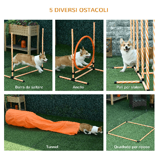 PawHut-Attrezzi-Agility-Dog-Set-Completo-Percorso-Agility-Dog-con-5-Pezzi-Slalom-Ostacolo-e-Tunnel-Arancione