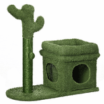 PawHut Tiragraffi per Gatti con Lettino, Casetta e Palo in Sisal a Forma di Cactus, 68x30x67cm, Verde