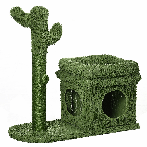 PawHut-Tiragraffi-per-Gatti-con-Lettino-Casetta-e-Palo-in-Sisal-a-Forma-di-Cactus-68x30x67cm-Verde