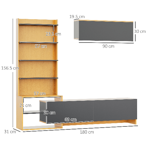 HOMCOM-Mobile-Porta-TV-Moderno-con-Pensile-a-Muro-Vani-Aperti-e-Armadietti-Colore-Legno-e-Grigio-Scuro