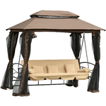 Outsunny Dondolo 3 Posti da Giardino Convertibile in Lettino con Gazebo, con Zanzariera e Cuscini, 257x175x240cm Cachi