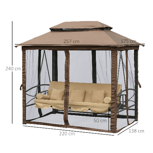 Outsunny-Dondolo-3-Posti-da-Giardino-Convertibile-in-Lettino-con-Gazebo-con-Zanzariera-e-Cuscini-257x175x240cm-Cachi