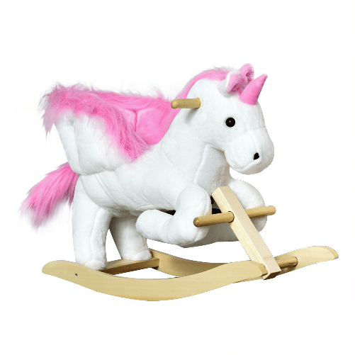 HOMCOM-Cavallo-a-Dondolo-a-Forma-di-Unicorno-con-Musica-Struttura-in-Metallo-e-Legno-Rivestimento-Peluche-65x32x55cm-Bianco-Rosa