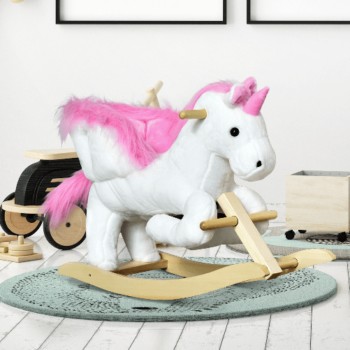 HOMCOM-Cavallo-a-Dondolo-a-Forma-di-Unicorno-con-Musica-Struttura-in-Metallo-e-Legno-Rivestimento-Peluche-65x32x55cm-Bianco-Rosa