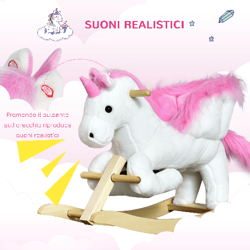 HOMCOM-Cavallo-a-Dondolo-a-Forma-di-Unicorno-con-Musica-Struttura-in-Metallo-e-Legno-Rivestimento-Peluche-65x32x55cm-Bianco-Rosa