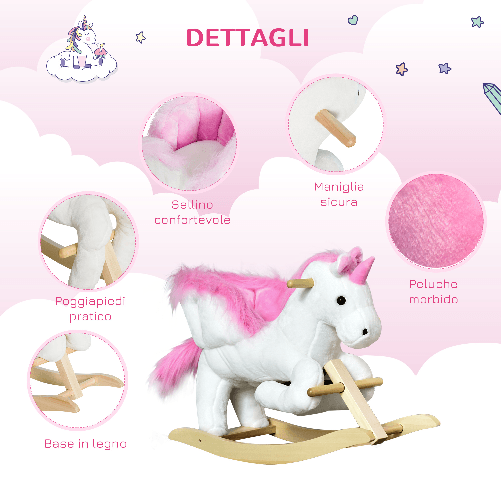 HOMCOM-Cavallo-a-Dondolo-a-Forma-di-Unicorno-con-Musica-Struttura-in-Metallo-e-Legno-Rivestimento-Peluche-65x32x55cm-Bianco-Rosa