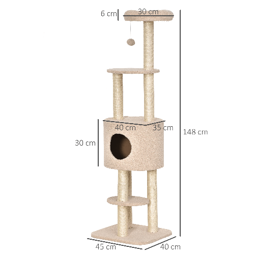 PawHut-Albero-Tiragraffi-Robusto-per-Gatti-con-5-Livelli-Cuccia-Casetta-Giochi-e-Corda-Sisal-Beige-Max-30kg