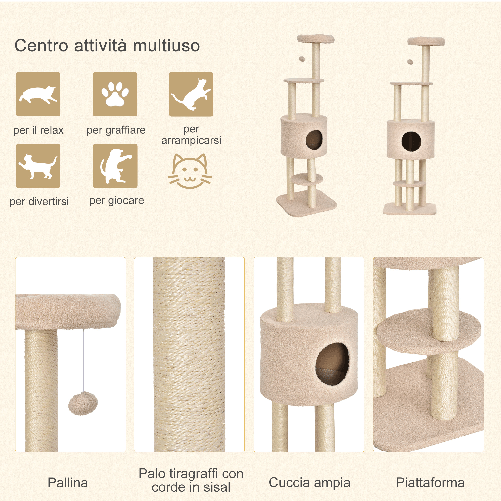 PawHut-Albero-Tiragraffi-Robusto-per-Gatti-con-5-Livelli-Cuccia-Casetta-Giochi-e-Corda-Sisal-Beige-Max-30kg