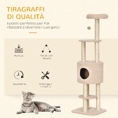 PawHut-Albero-Tiragraffi-Robusto-per-Gatti-con-5-Livelli-Cuccia-Casetta-Giochi-e-Corda-Sisal-Beige-Max-30kg