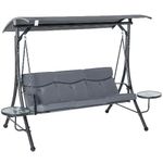 Outsunny Dondolo da Giardino a 3 Posti , Dondolo da Esterno con Tettuccio Regolabile e 2 Tavolini, Grigio 271x125x177cm