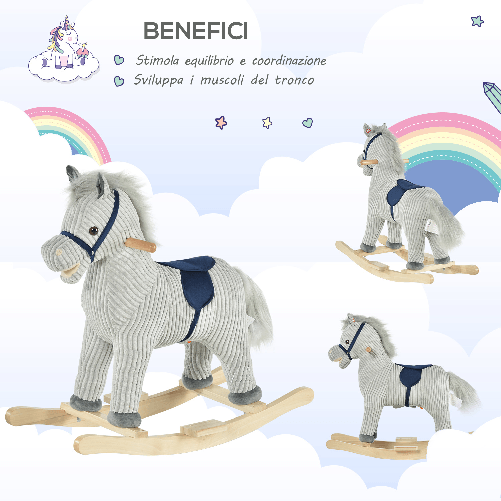 HOMCOM-Cavallo-a-Dondolo-per-Bambini-36-72-Mesi-Cavalluccio-a-Dondolo-Interattivo-Riproduce-Suoni-in-Peluche-Grigio-73x35x64cm