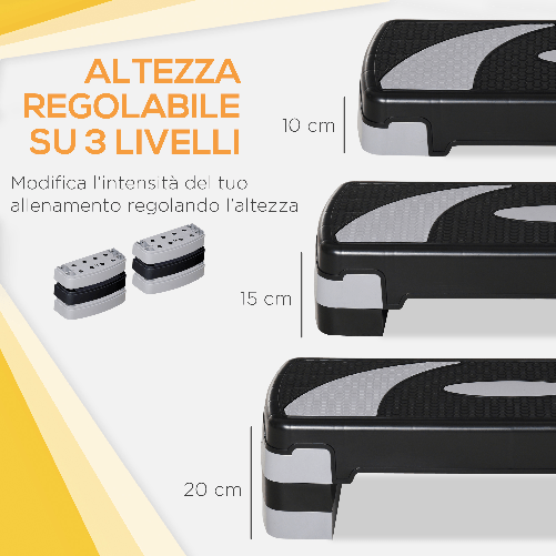 HOMCOM-Stepper-da-Aerobica-Regolabile-in-Altezza-10-15-20-cm-Antiscivolo-Nero-e-Grigio