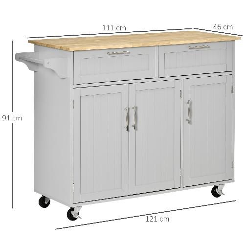 HOMCOM-Carrello-da-Cucina-Multiuso-in-Legno-con-2-Cassetti-3-Antine-e-4-Ruote-121x46x91cm-Grigio