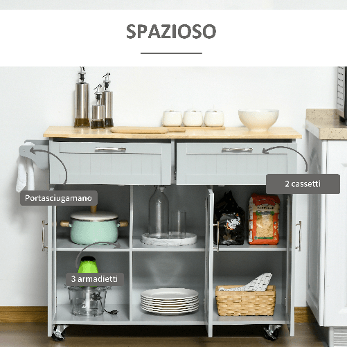 HOMCOM-Carrello-da-Cucina-Multiuso-in-Legno-con-2-Cassetti-3-Antine-e-4-Ruote-121x46x91cm-Grigio