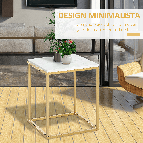 Outsunny-Tavolino-da-Caffe-per-Casa-e-Giardino-in-Metallo-con-Effetto-Marmo-40x40x50cm-Oro