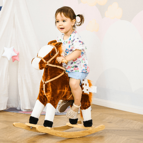 HOMCOM-Cavallo-a-Dondolo-in-Peluche-con-Suoni-per-Bambini-Marrone