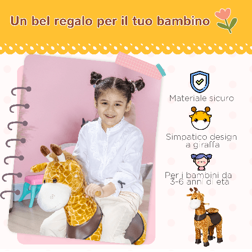 HOMCOM-Cavallo-a-Dondolo-con-Ruote-a-Forma-di-Giraffa-per-Bambini-da-3-6-Anni-70x32x87cm-Giallo