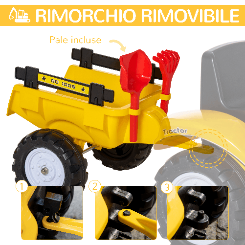 HOMCOM-Ruspa-Giocattolo-a-Pedali-con-Rimorchio-Staccabile-e-6-Ruote-in-Acciaio-e-Plastica-163x42x71-cm-Giallo