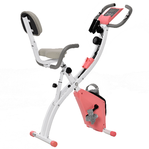 HOMCOM-Cyclette-Pieghevole-2-in-1-Resistenza-Magnetica-Regolabile-Bici-da-Fitness-con-Sensore-di-Frequenza-Cardiaca-Elastici-per-Braccia---Rosa