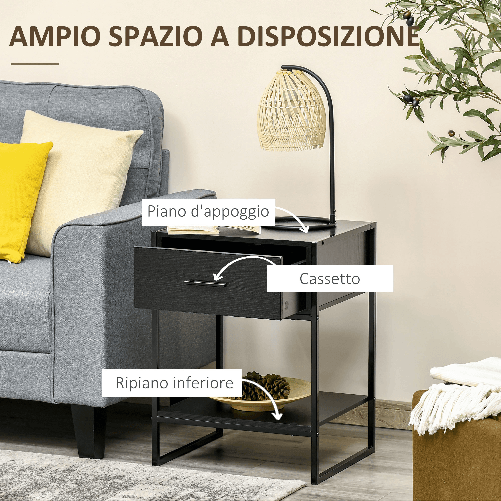 HOMCOM-Comodino-Moderno-Set-2-Pezzi-con-Cassetto-e-Ripiano-Aperto-per-Camera-da-Letto-e-Soggiorno-in-MDF-e-Acciaio-45x40x60cm-Nero