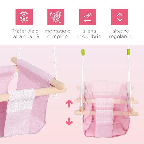 Outsunny-Seggiolino-Altalena-per-Bambini-in-Tessuto-e-Legno-con-Cuscino-40x40x180cm-Rosa