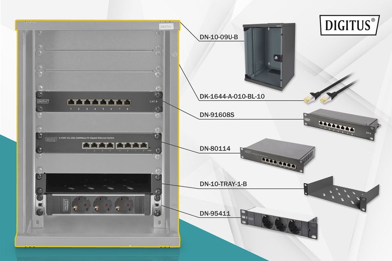 10-inch-network-bundle----incl.-9U-cabinet----black-shelf----PDU----8-port-switch----CAT-6-patch-panel