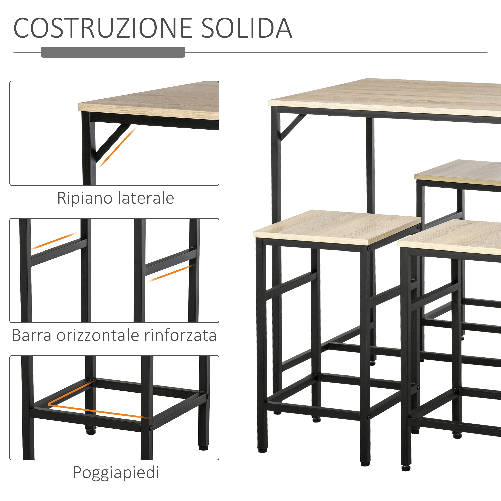 HOMCOM-Set-Tavolo-Alto-con-4-Sgabelli-Stile-Industriale-in-Metallo-e-Legno-Rovere-Chiaro