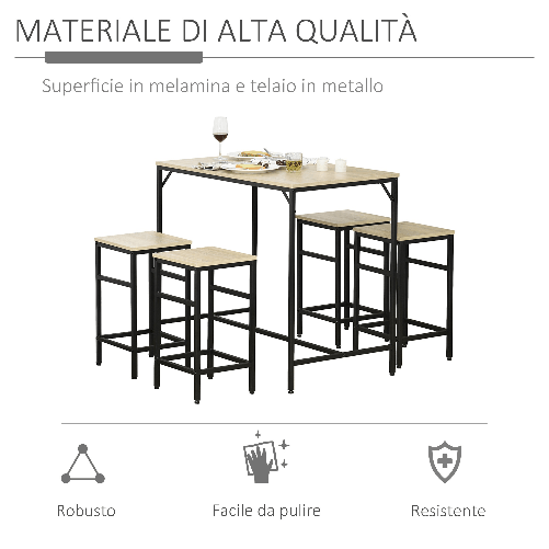 HOMCOM-Set-Tavolo-Alto-con-4-Sgabelli-Stile-Industriale-in-Metallo-e-Legno-Rovere-Chiaro