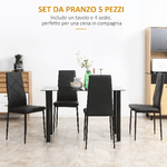 HOMCOM-Set-Tavolo-e-Sedie-5pz-Tavolo-da-Pranzo-in-Vetro-Temperato-e-Acciaio-e-4-Sedie-da-Pranzo-con-Seduta-Imbottita