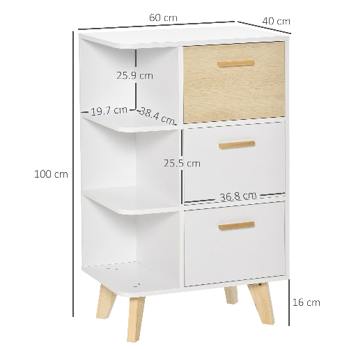 HOMCOM-Mobiletto-Multiuso-con-3-Ripiani-Aperti-e-Cassetti-Mobile-per-Soggiorno-Cucina-Ufficio-in-Legno-Bianco-60x40x100cm