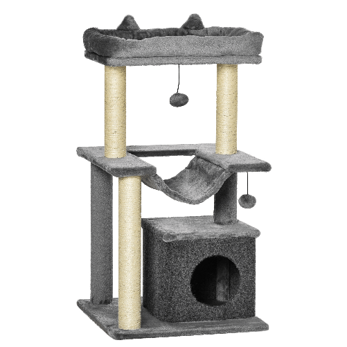 PawHut-Albero-Tiragraffi-con-Corde-Sisal-Casetta-e-Amaca-Rivestimento-Peluche-e-Feltro-Altezza-100cm-Grigio