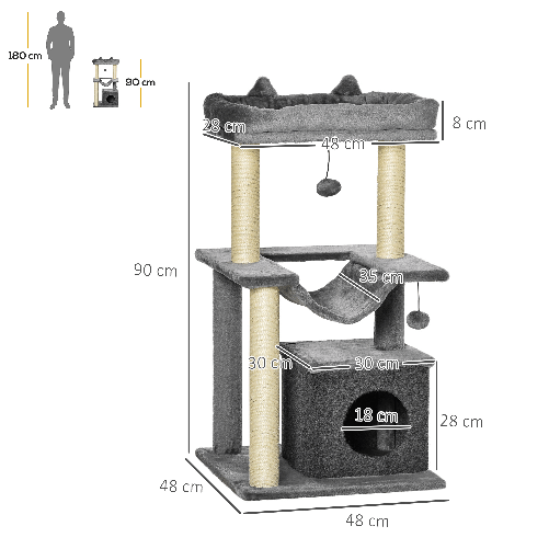 PawHut-Albero-Tiragraffi-con-Corde-Sisal-Casetta-e-Amaca-Rivestimento-Peluche-e-Feltro-Altezza-100cm-Grigio