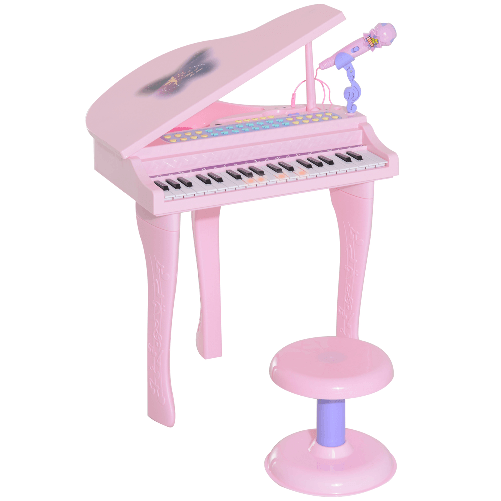 HOMCOM-Pianoforte-Giocattolo-per-Bambini--Strumento-Musicale-Elettrico-con-37-Tasti-Luminosi-Microfono-e-Sgabello-Inclusi-48x39x69-cm-Rosa