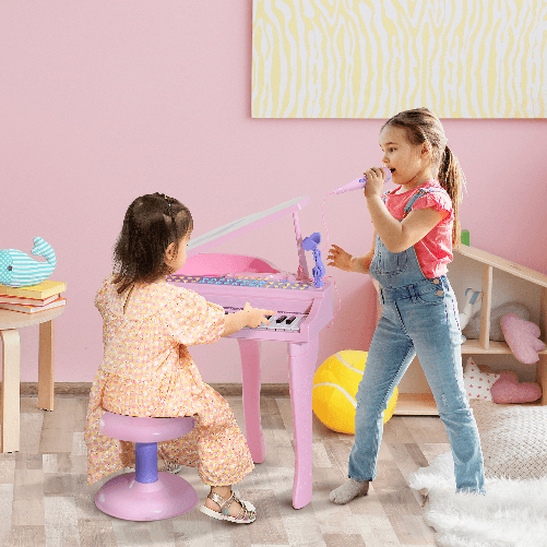 HOMCOM-Pianoforte-Giocattolo-per-Bambini--Strumento-Musicale-Elettrico-con-37-Tasti-Luminosi-Microfono-e-Sgabello-Inclusi-48x39x69-cm-Rosa