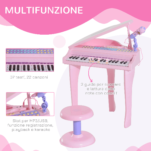 HOMCOM-Pianoforte-Giocattolo-per-Bambini--Strumento-Musicale-Elettrico-con-37-Tasti-Luminosi-Microfono-e-Sgabello-Inclusi-48x39x69-cm-Rosa