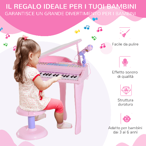 HOMCOM-Pianoforte-Giocattolo-per-Bambini--Strumento-Musicale-Elettrico-con-37-Tasti-Luminosi-Microfono-e-Sgabello-Inclusi-48x39x69-cm-Rosa