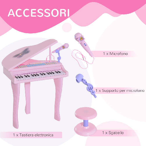 HOMCOM-Pianoforte-Giocattolo-per-Bambini--Strumento-Musicale-Elettrico-con-37-Tasti-Luminosi-Microfono-e-Sgabello-Inclusi-48x39x69-cm-Rosa