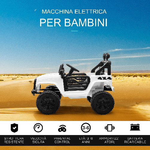 HOMCOM-Macchina-Elettrica-per-Bambini-Jeep-Fuoristrada-con-Telecomando-e-2-Velocita-100x65x72-cm-Bianco